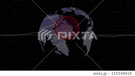 Showing digital globe rotating in interface with red overlay, dotted waveform and glitch data lines 135549919