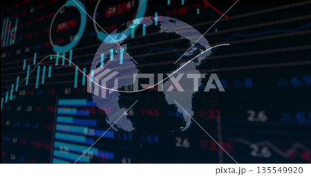 Displaying 3D Earth globe rotating on data dashboard, with white trend line, bar charts and gauges Displaying 3D Earth globe rotating on data dashboard, with white trend line, bar charts and gauges 135549920