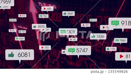 Like, comment and play icons with counts floating over line graph on dashboard with neon-red arrow 135549926