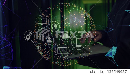 IT engineer wearing blazer typing on laptop in data center, with server racks, icons, copy space IT engineer wearing blazer typing on laptop in data center, with server racks, icons, copy space 135549927