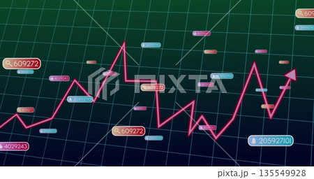 Displaying magenta trend line with arrowhead and colored data labels on dark grid background Displaying magenta trend line with arrowhead and colored data labels on dark grid background 135549928