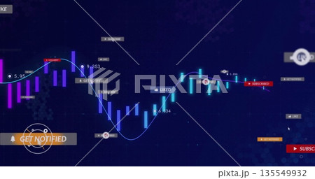 Showing data dashboard with fluctuating line and bars, notification badges and GET NOTIFIED button 135549932