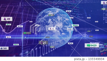 Displaying 3D Earth globe rotating in network, showing social icons, analytics graphs, binary code Displaying 3D Earth globe rotating in network, showing social icons, analytics graphs, binary code 135549934