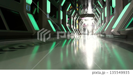 Walking three crew members in uniforms in ship corridor, with glowing green hexagonal panels 135549935