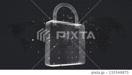 Floating 3D wireframe padlock in virtual grid, with drifting symbols, world map outline, copy space 135549973