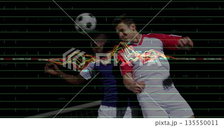 Leaping two soccer players in contrasting jerseys heading soccer ball near goal, with graph overlay 135550011
