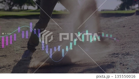 Kicking sandy ground, lower body of white male raising dust at park, with candlestick chart overlay 135550016