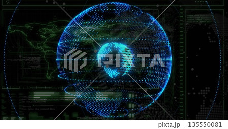Displaying glowing blue holographic globe in computer control interface, with binary code streams 135550081