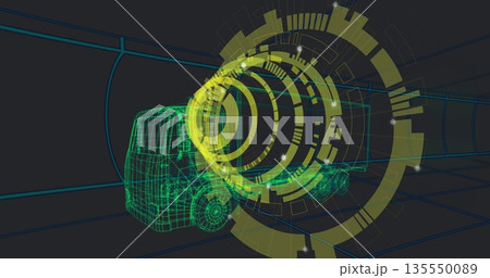 Displaying 3D wireframe truck within grid-lined tunnel, with HUD overlays and light particles Displaying 3D wireframe truck within grid-lined tunnel, with HUD overlays and light particles 135550089