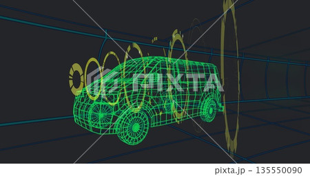 Displaying green wireframe cargo van scanning inside tunnel with blue grid lines, yellow rings Displaying green wireframe cargo van scanning inside tunnel with blue grid lines, yellow rings 135550090