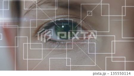 Displaying woman's green eye over digital interface in studio, showing semi-transparent overlays 135550114