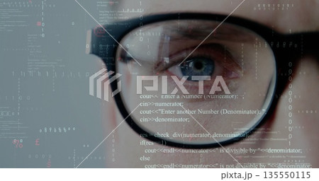 Focusing developer's eye behind black-rimmed glasses at digital interface with code and binary bits Focusing developer's eye behind black-rimmed glasses at digital interface with code and binary bits 135550115