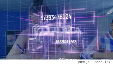 Displaying holographic data grid over classroom desk at school computer lab, with floating numbers Displaying holographic data grid over classroom desk at school computer lab, with floating numbers 135550125