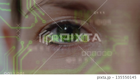 Adult woman's right eye showing CRYPTO text with binary code, circuit patterns in digital interface 135550145
