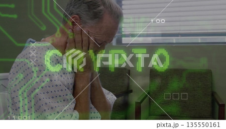 Leaning senior patient wearing gown holding head in clinic with crypto circuit overlay, copy space Leaning senior patient wearing gown holding head in clinic with crypto circuit overlay, copy space 135550161
