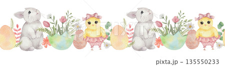 Cute Seamless border with cute chick and bunny  135550233