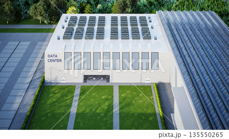 Data center building exterior with solar panels on roof Data center building exterior with solar panels on roof 135550265