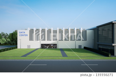 Data center building exterior against blue sky 135550271