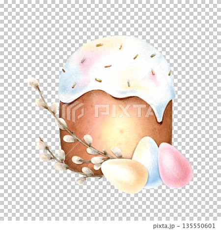 Easter tradition icing cake, colored eggs, fluffy willow buds, twigs. Kulich with glaze and sprinkles. Symbol of religion spring renewal. Delicate hand drawn isolated food festive Illustration 135550601