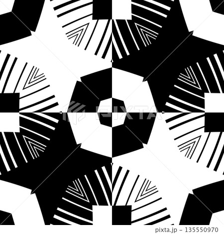 Abstract pattern with decorative geometric  elements. Black and white ornament. Modern stylish texture repeating. Great for tapestry, carpet, bedspread, fabric, ceramic tile, pillow 135550970