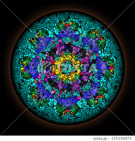 Colorful pattern in style of Gothic stained glass window with round frame. Abstract floral ornament. 135550973