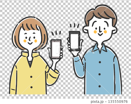 Couple showing smartphone screen, upper body, vector 135550976
