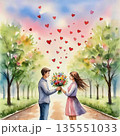 AI Generative. A romantic encounter on a park path. A young man gives a girl flowers. Concept of love. Watercolor illustration style. 135551033
