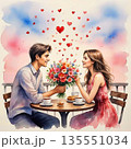 AI Generative. A romantic encounter in a cafe. A young man gives a girl flowers. Concept of love. Watercolor illustration style. 135551034