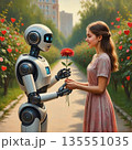 AI generated. A robot presents a girl with a red flower in a park or alley. The girl smiles as she accepts the flower. The bushes around them are decorated with red hearts, creating a romantic 135551035