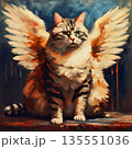 Striped cat angel with wings behind its back on abstract background. Generative AI. 135551036