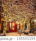 Winter fairytale, a cozy cafe in the snowy city in the evening. AI Generative. 135551155