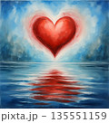 AI Generative. A surreal painting depicting a large red heart floating above a surface of water. The enormous heart in the sky symbolizes love, deep feelings, and "heart life" as an art of balance 135551159