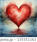 AI Generative. A surreal painting depicting a large red heart floating above a surface of water. The enormous heart in the sky symbolizes love, deep feelings, and "heart life" as an art of balance 135551161
