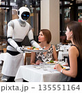 Robot waiter serving food to two diners in a restaurant. Futuristic robot waiter holds a food plate in a restaurant setting. Generative AI. 135551164