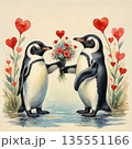 AI Generative. A romantic encounter. A penguin gives his girlfriend a bouquet of flowers. Concept of love. Watercolor illustration style. 135551166