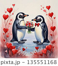 AI Generative. A romantic encounter. A penguin gives his girlfriend a bouquet of flowers. Concept of love. Watercolor illustration style. 135551168