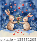 AI Generative. A romantic encounter. A rabbit gives his girlfriend a bouquet of flowers. Concept of love. Watercolor illustration style. 135551205