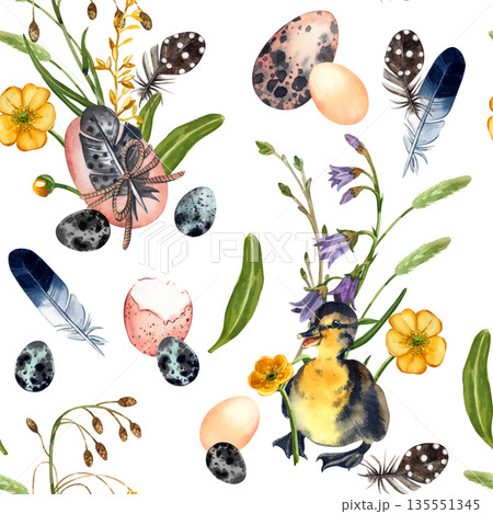 Seamless watercolor pattern for Easter. Spring flowers, ducklings, chickens, eggs, feathers, all hand-painted with watercolor. Hand drawn watercolor illustration for greeting card, fabric. 135551345