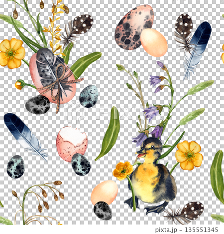 Seamless watercolor pattern for Easter. Spring flowers, ducklings, chickens, eggs, feathers, all hand-painted with watercolor. Hand drawn watercolor illustration for greeting card, fabric. 135551345