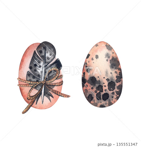 A set of watercolor bird eggs with feathers and rope decorations, Easter feathers, and a speckled egg. All hand-painted in watercolor. Spring and Easter-themed for holidays, decorations, card design. A set of watercolor bird eggs with feathers and rope decorations, Easter feathers, and a speckled egg. All hand-painted in watercolor. Spring and Easter-themed for holidays, decorations, card design. 135551347