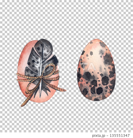 A set of watercolor bird eggs with feathers and rope decorations, Easter feathers, and a speckled egg. All hand-painted in watercolor. Spring and Easter-themed for holidays, decorations, card design. A set of watercolor bird eggs with feathers and rope decorations, Easter feathers, and a speckled egg. All hand-painted in watercolor. Spring and Easter-themed for holidays, decorations, card design. 135551347