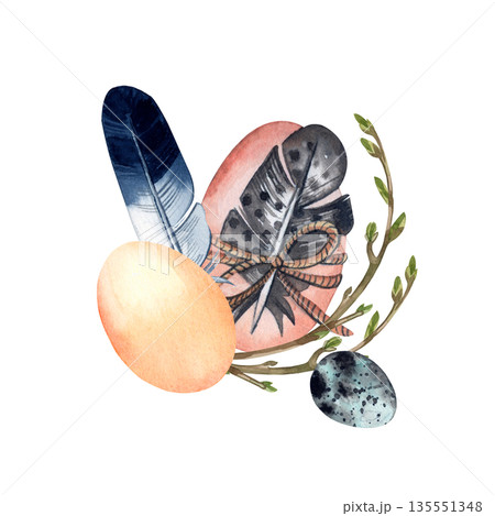 Watercolor illustration of Easter eggs, bird feathers, and a willow branch for a holiday greeting card and spring decor. All hand-painted in watercolor and isolated on a white background. 135551348