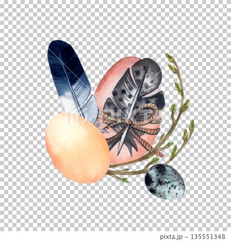 Watercolor illustration of Easter eggs, bird feathers, and a willow branch for a holiday greeting card and spring decor. All hand-painted in watercolor and isolated on a white background. 135551348