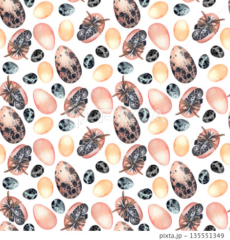 Watercolor seamless pattern with various chicken and speckled bird eggs. Spring Easter holiday background with decorative feathers for greeting card. High quality illustration. Watercolor seamless pattern with various chicken and speckled bird eggs. Spring Easter holiday background with decorative feathers for greeting card. High quality illustration. 135551349