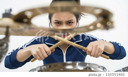 シンバルの隙間からスティックをクロスさせて睨む女性ドラマー 135551401