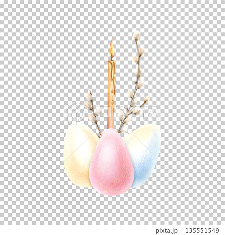 Delicate Easter composition with painted eggs, willow branches and lit candle in pastel colors. Traditional Orthodox holiday symbol. For greeting cards, spring seasonal decor. Watercolor illustration 135551549