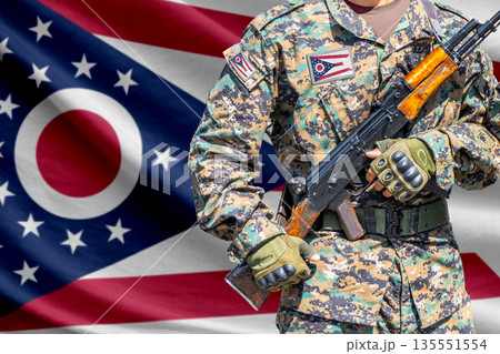 Ohio US state flag with soldier holding assault rifle Ohio US state flag with soldier holding assault rifle 135551554
