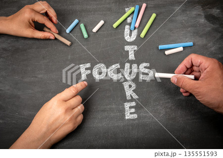 Focus and Future Concept Written with Chalk on Blackboard by Two People Focus and Future Concept Written with Chalk on Blackboard by Two People 135551593