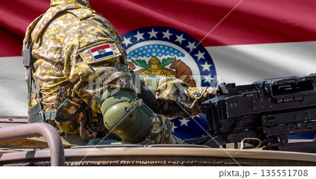 Missouri US state flag with soldier at machinegun turret Missouri US state flag with soldier at machinegun turret 135551708
