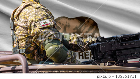 California US state flag with soldier at machinegun turret California US state flag with soldier at machinegun turret 135551711